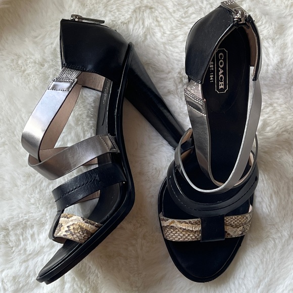 Coach Tawnee Leather Strappy Heels mirrored, vachetta and python embossed Leathe - Picture 7 of 17